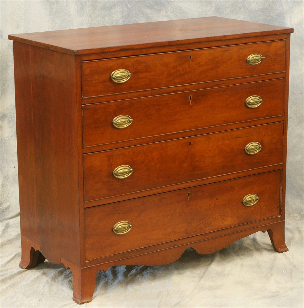 Cherry Hepplewhite 4 drawer bureau, diamond inlai: Cherry Hepplewhite 4 drawer bureau, diamond inlaid escutcheons, French feet, 40" wide