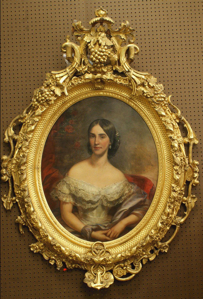 Continental School, 19th c, o/c, portrait of a lad: Continental School, 19th c, o/c, portrait of a lady, overall dimension 67" h, 47" wide, some cracks and losses to frame