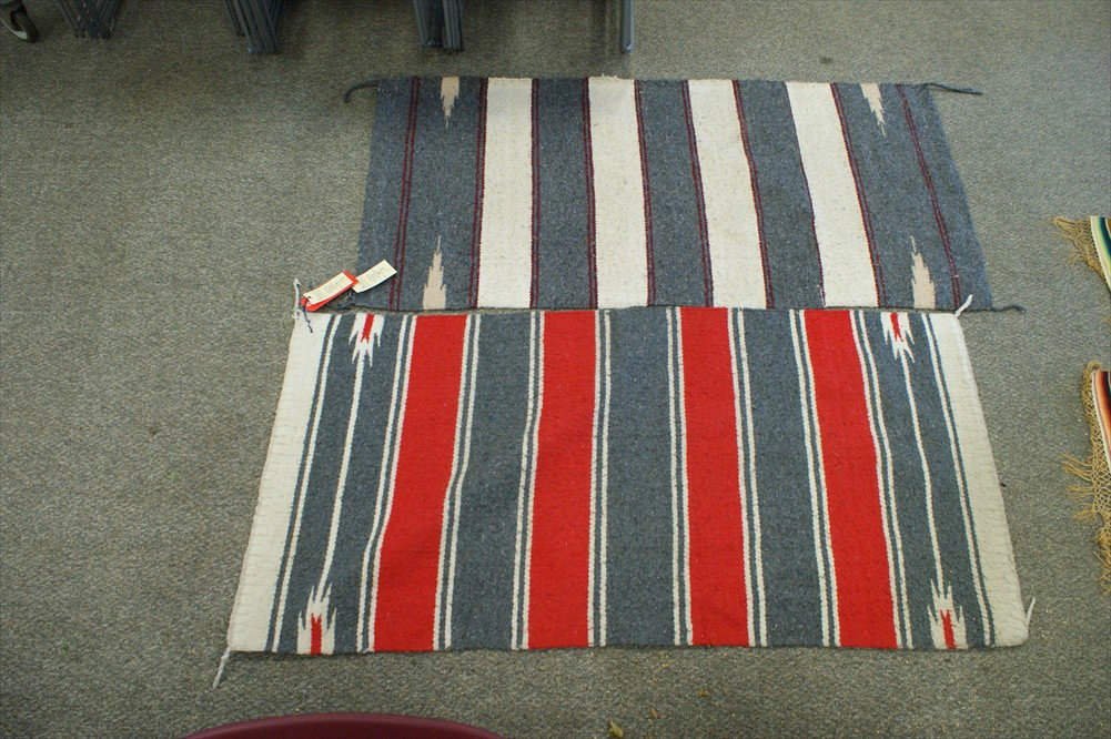 (2) Native American/Mexican textiles, gray/ivory/re: (2) Native American/Mexican textiles, gray/ivory/red striped, 61" x 30", 58" x 30"