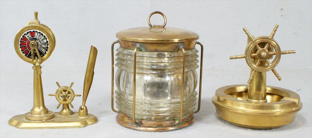 3 pc nautical theme desk set, c/o ship's light hu: 3 pc nautical theme desk set, c/o ship's light humidor, binnacle ashtray, telegraph pen holder, tallest 7 1/2"