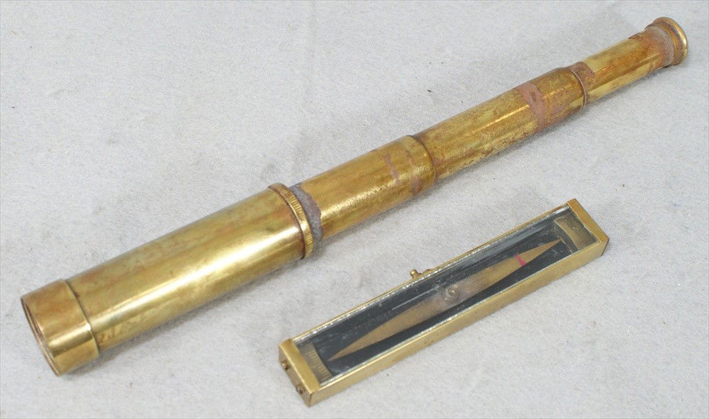 Brass cased compasss needle with 10 degree arc, 5: Brass cased compasss needle with 10 degree arc, 5 3/4" long, brass extension looking glass, 13" log extended