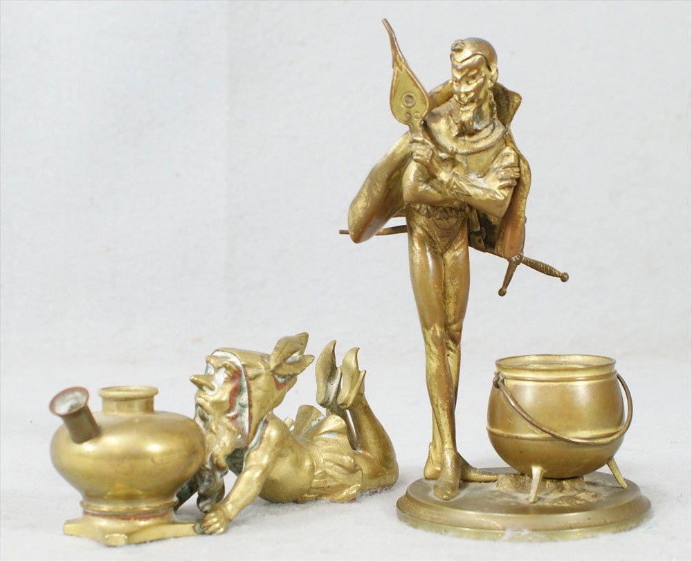 Bronze devil with cauldron, marked Susse Freres,: Bronze devil with cauldron, marked Susse Freres, 6 1/2" tall, with a bronze knome oil lamp, 6" long