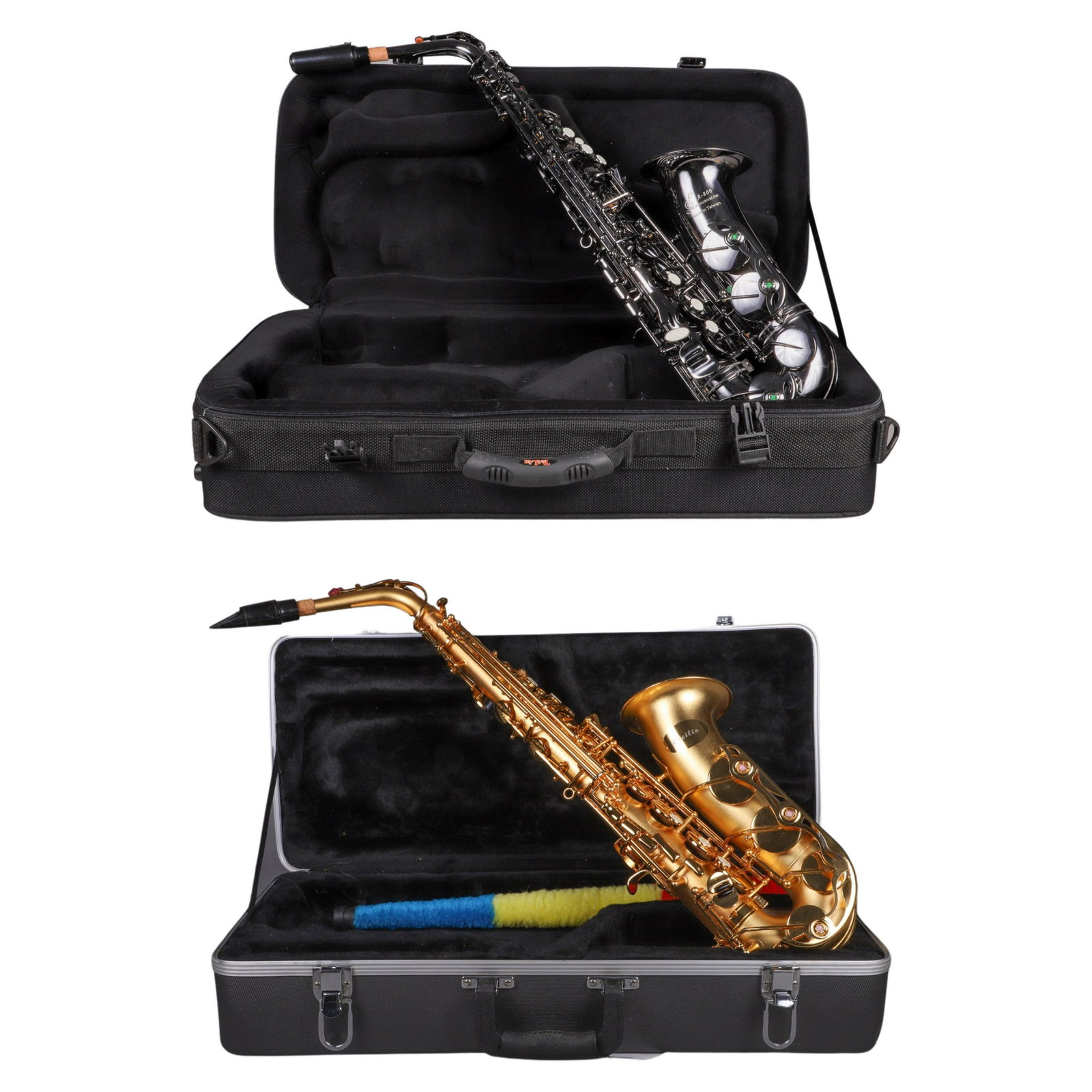 (2) Alto Saxophones: (2) Alto saxophones, very good condition, c/o Cecilia gold painted serial #H6584, A-800 hematite finish serial #272899