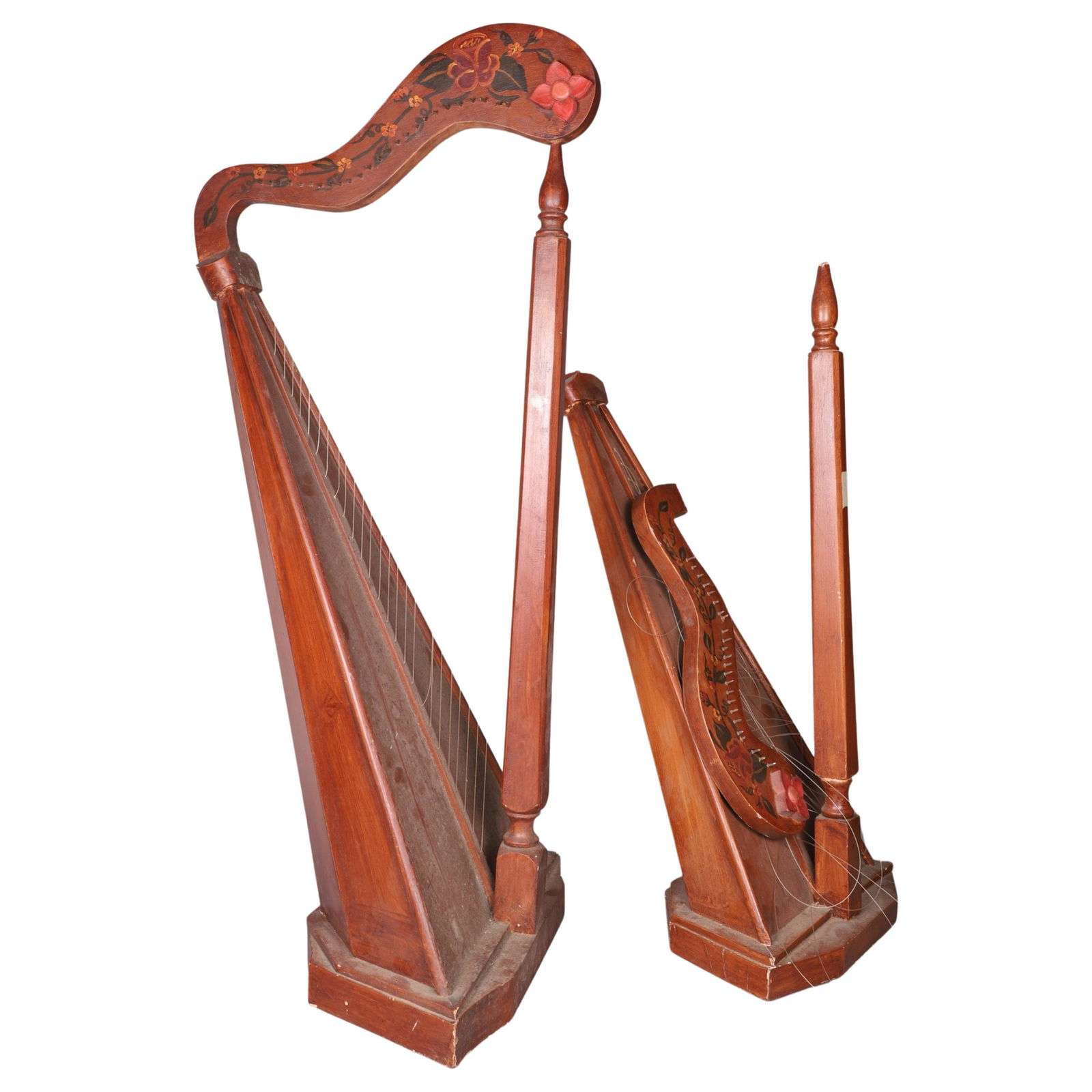 (2) Wood Harps: (2) Wood harps, unmarked, hand painted floral decoration, nylon strings, c/o 40-3/4" h & 36-1/2" (needs repair)