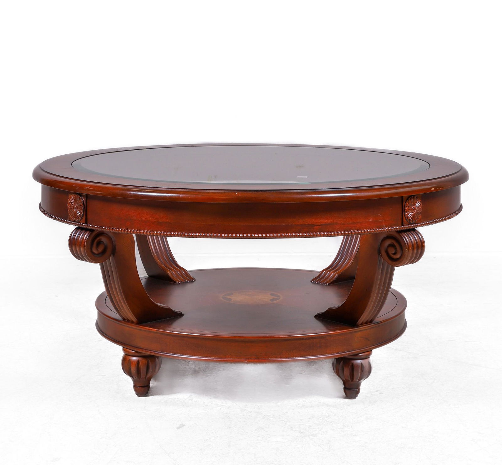 Inlaid Mahogany 2-tier glass top coffee table (1 of 3)