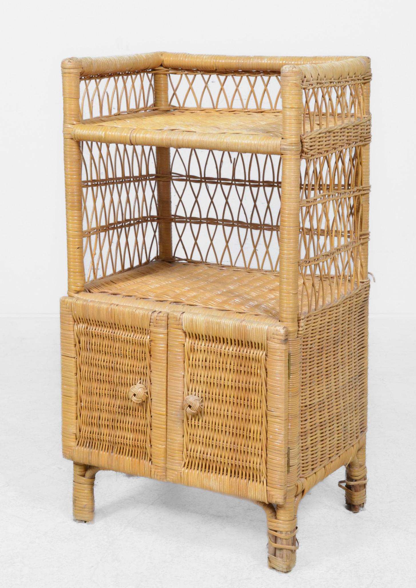 Wicker 2-tier stand: Wicker 2-tier stand, with lower doors, 30"h x 16"w x 12"d