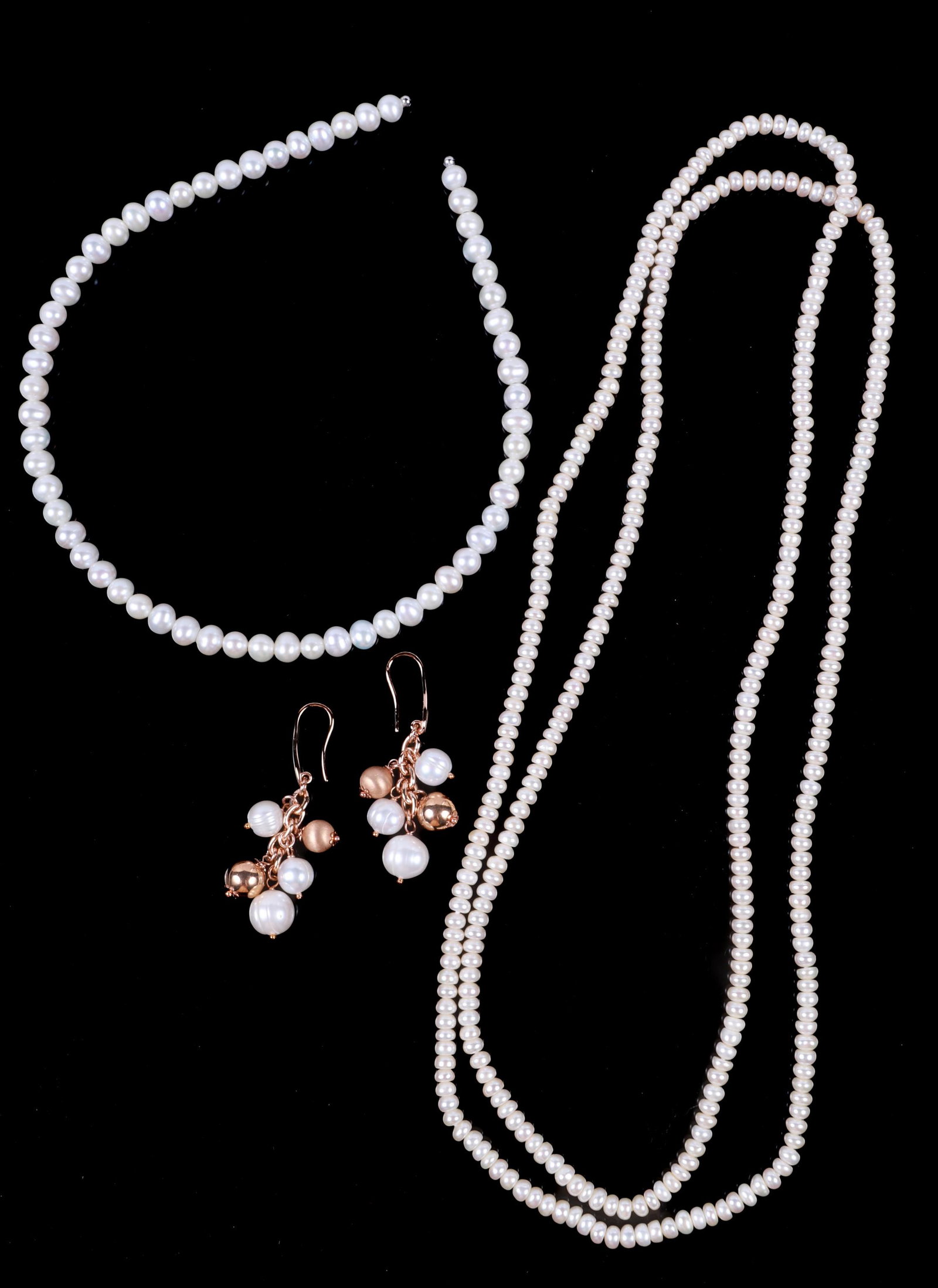 (3) Pearl Necklace, Earrings and Headband: (3) Pearl necklace, earrings and headband to include Honora pearl strand, 44"L, pearl headband and pearl style earrings, QVC