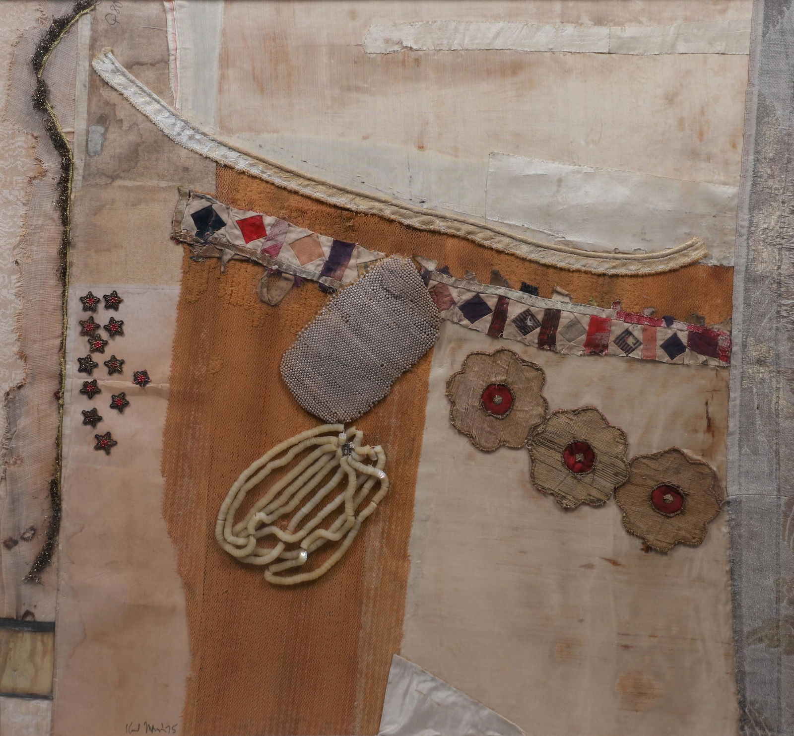 Karl Mann Untitled Textile Collage: Karl Mann (American, b 1930) untitled textile collage, mixed media with fabric and found objects, signed "Karl Mann '75", 22" x 24", framed 30" x 32"