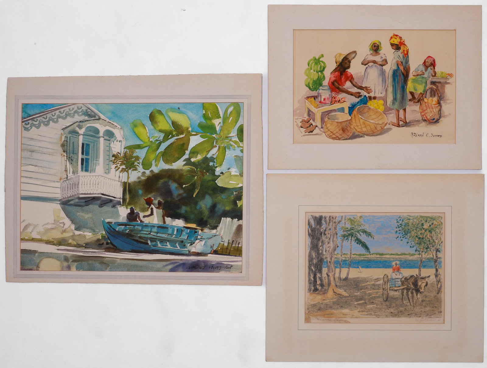 (3) Caribbean Artworks on Paper: (3) Caribbean artworks on paper "Caribbean Characters", watercolor on paper, signed "Mildred C. Jones", 9-1/2" x 13-1/2" sheet; figures with boat, watercolor on paper, signed "Charles Hawes AWS", 16" 