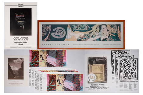 (13) Art Exhibition Posters: (3) Art exhibition posters, signed Masami Teraoka poster in frame; (6) Robert Kushner, (3) Keith Haring, Jasper Johns, signed John Dowell and E. S. Curtis, largest sheet 18" x 57", good to very good c