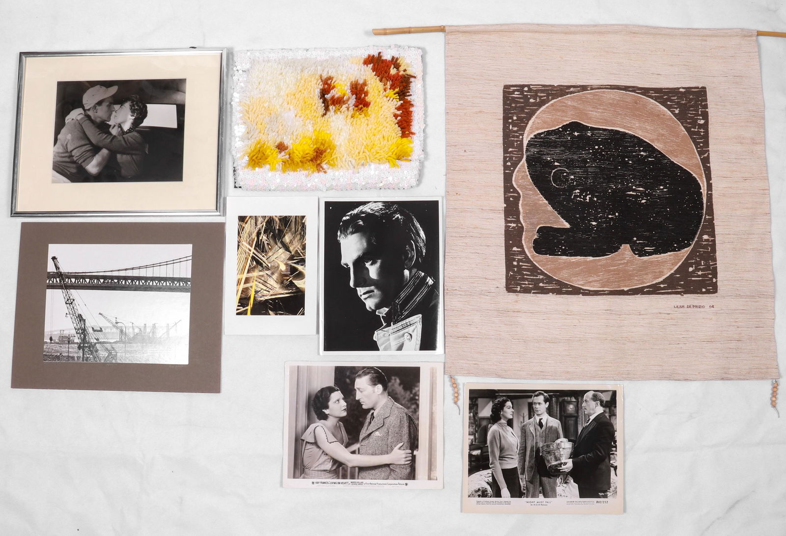 Assorted Art & Photographs: Assorted art and photograps, Wanda Ewing textile work, Leah DePrizio print on fabric, vintage construction photo, Richard Ryan inkjet print, and (3) vintage Hollywood photos, banner measures 23" x 21-