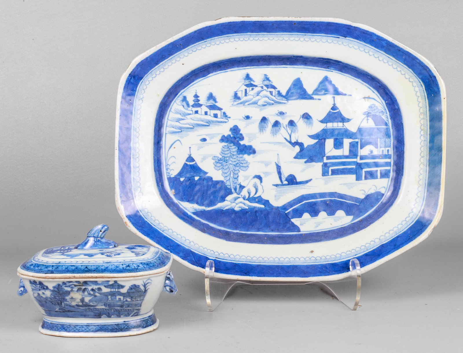 Canton Platter and Tureen: Canton platter and tureen to include cut corner Canton platter, 14-3/4"L; 11-3/4"W, remnant gilt edge and covered tureen, animal form handled sides, 6-1/2"W, 5"H including finial