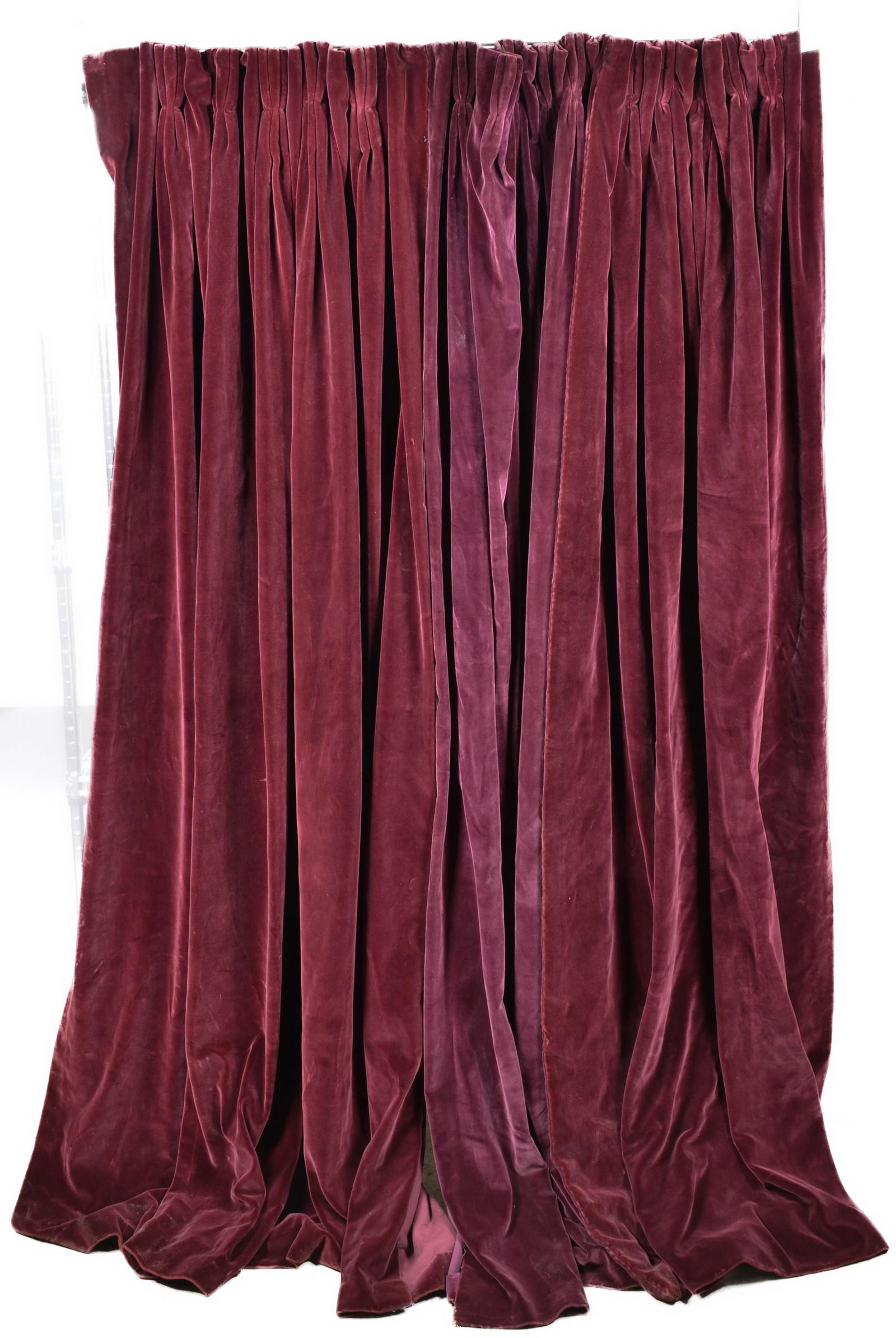 (2) Near Pair Velvet Curtains: (2) Near pair velvet curtains to include (1) pair 76"H, 62"W wine colored curtains and (1) pair 76"H, 37"W wine colored curtains, slight variation in colors between pairs, some discoloration. From the