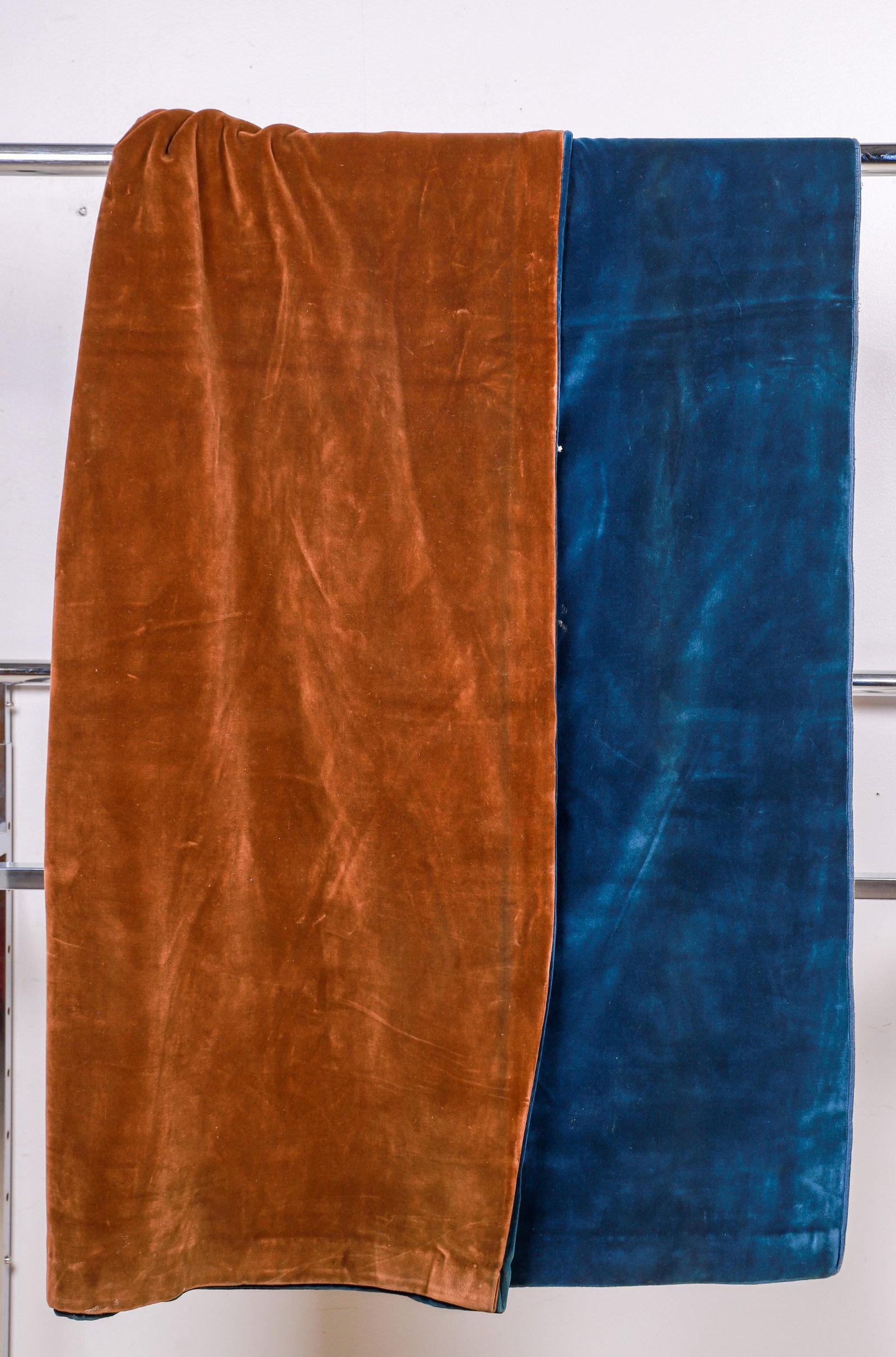 (6) Custom Velvet Blackout Curtains: (6) Custom velvet blackout curtains, brown and blue, 75"L, 48"W