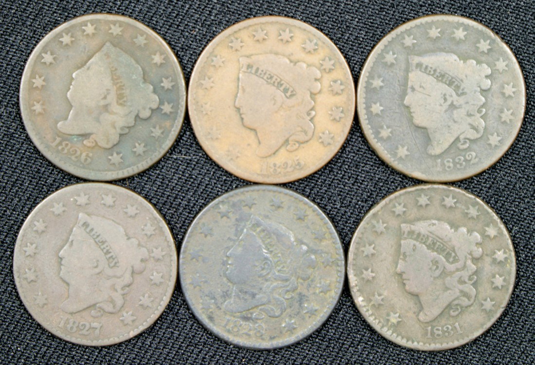 6 different large cents majority G or slightly bett