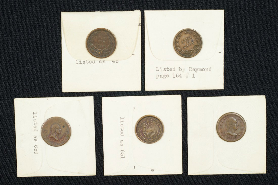 5 assorted Civil War patriotic tokens fine or bett: 5 assorted Civil War patriotic tokens fine or better comprised of 2 liberty cap + 3 Washington types