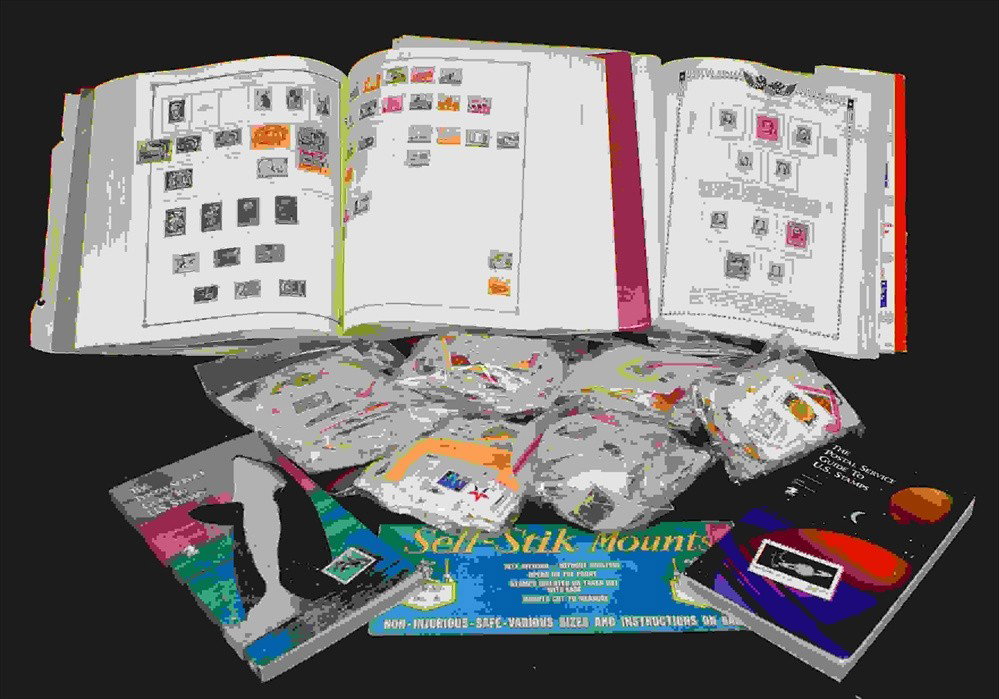 Several 1000's used + unused in large bag of U.S. : Several 1000's used + unused in large bag of U.S. clippings, a scott grand award album and a minkus all American album plus U.S. # 1385 + 1391 color shifts + misc. items