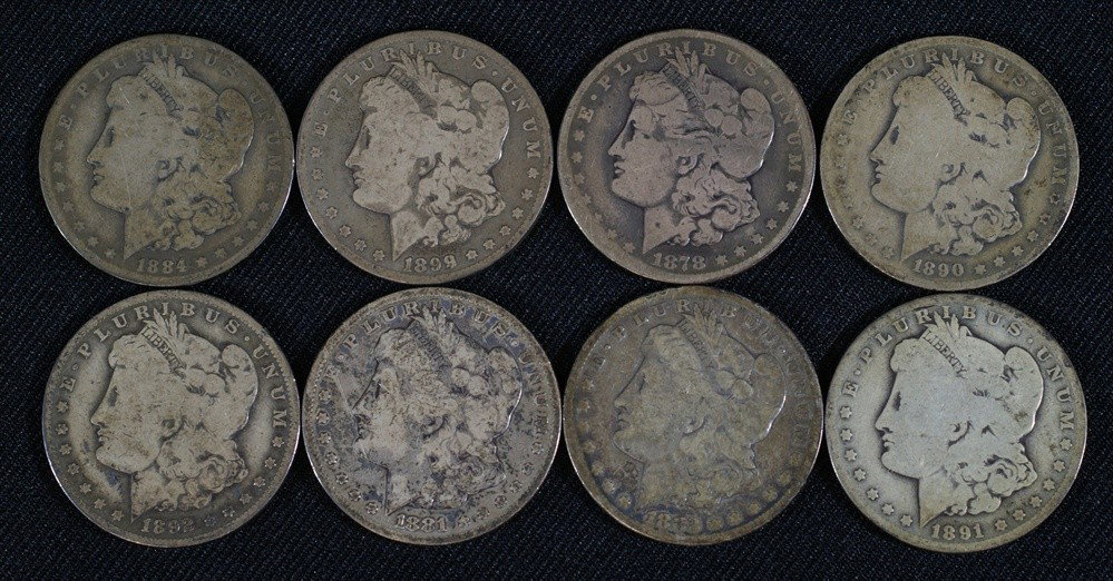 8 different Morgan dollars all AG/G 1878 CC, 81 S,: 8 different Morgan dollars all AG/G 1878 CC, 81 S, 83 S, 84 O, 90 O, 91 O, 92 O + 99 O