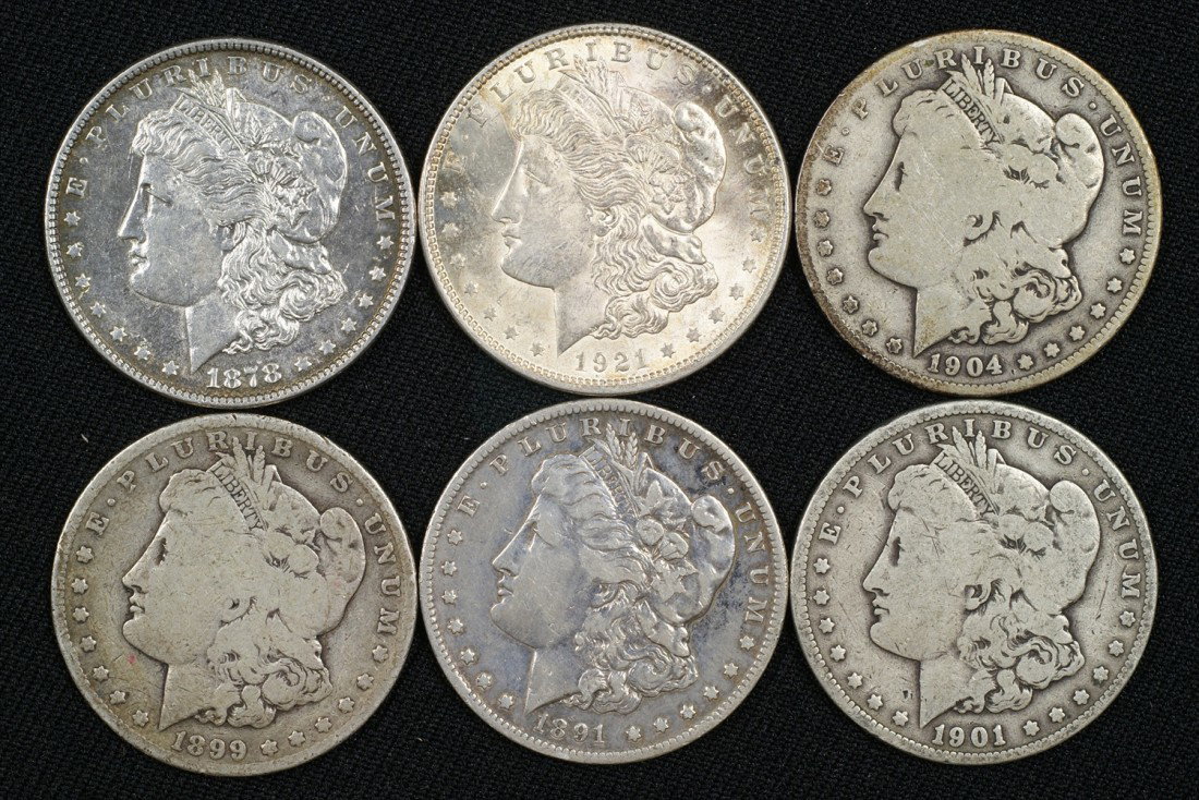 6 Different date & mint Morgan dollars 1878, 1891o: 6 Different date & mint Morgan dollars 1878, 1891o,1899s, 1901, 1904s & 1921 G to EF