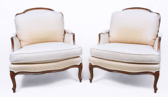 Pair Lewis Mittman Louis XVI Style Bergeres: Pair Lewis Mittman Louis XVI Style Bergeres in cream upholstery, 35"H; 32-1/2"W