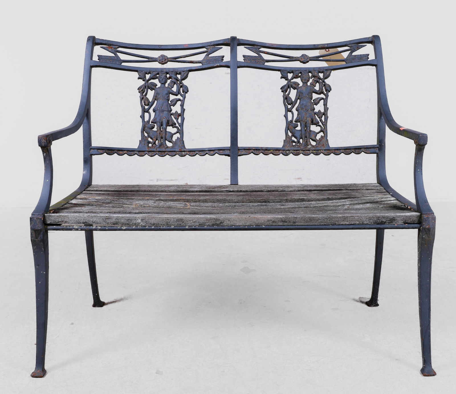 Neoclassical style figural iron and wood 2 seat bench (1 of 4)