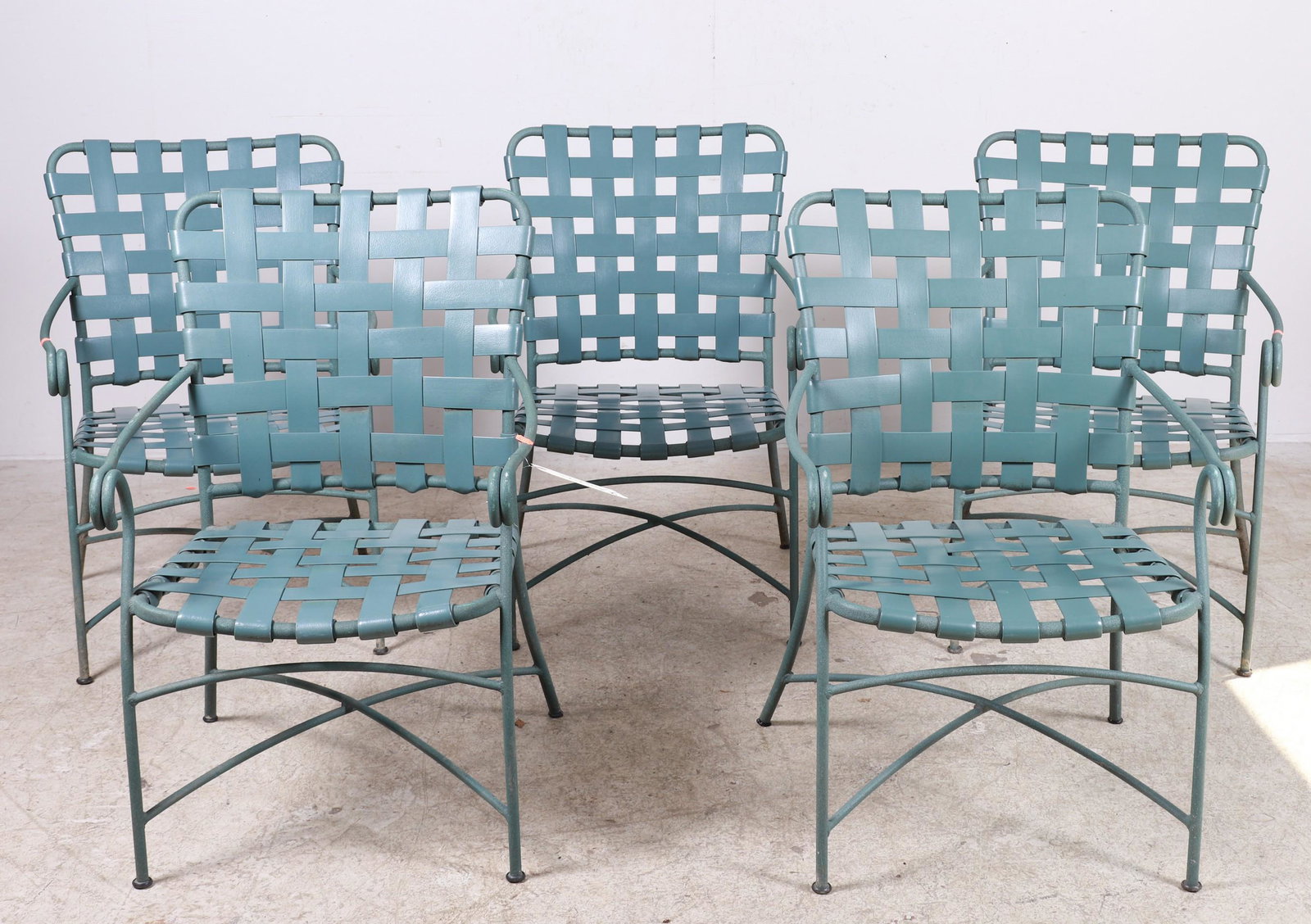 (5) Verdigris painted metal and webbed armchairs (1 of 2)