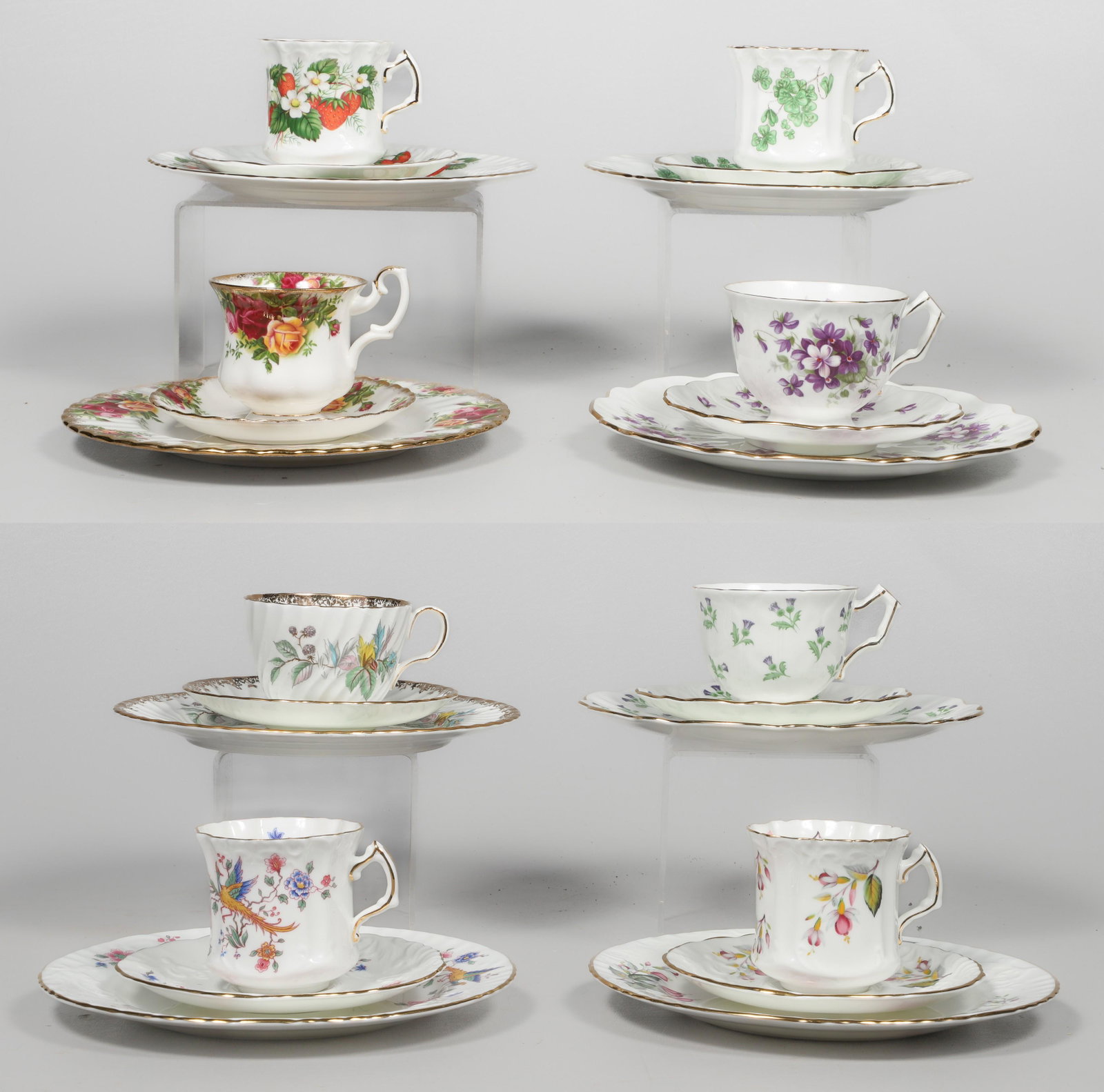 (8) Pc Assorted Luncheon Settings: (8) Pc assorted luncheon settings to include Aynsley Violette, Royal Albert Old Country Roses, Hammersley Bone China pattern 6259, Hammersey & Co Strawberry Ripe, Hammersley & Co bone china bleeding h