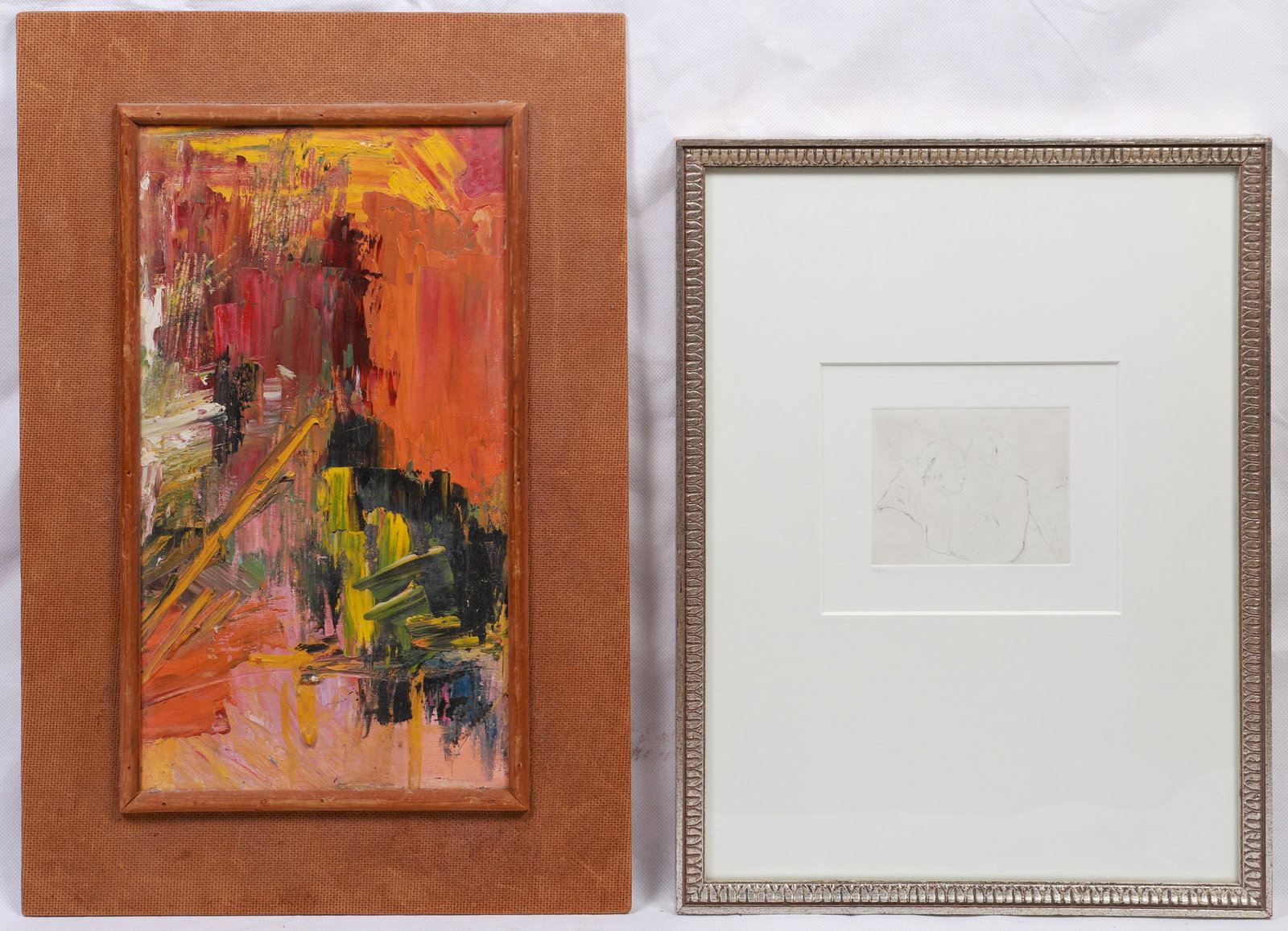 (2) Modern Artworks: (2) Modern Artworks c/o oil on masonite, signed reverse L. (libby) Newman, 20"x13" board, etching of a reclining nude, unsigned, edition 2/12, 3-1/2"x4-3/4" plate, good condition