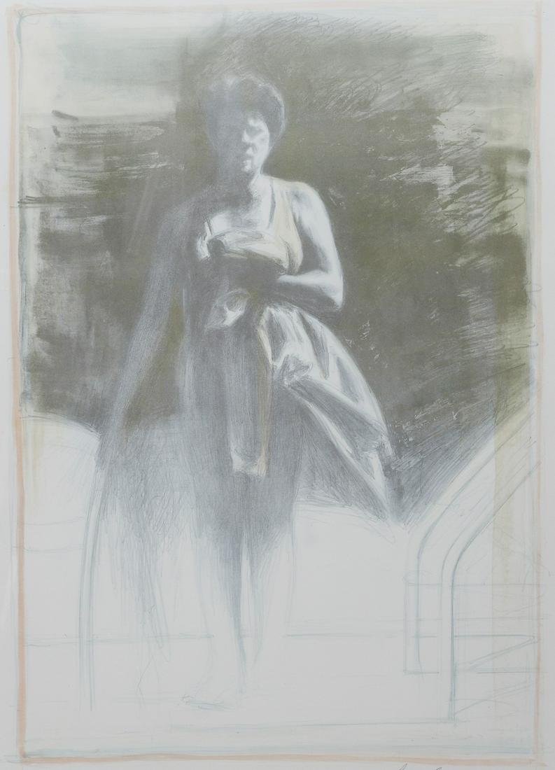 Sidney Goodman Signed Lithograph: Sidney Goodman (American, 1936-2013) signed lithograph, depicting a woman, lithograph on paper, signed Sidney Goodman 1978, proof, 25-1/2"x18" image, framed 34-1/4"x26-1/4", very good condition