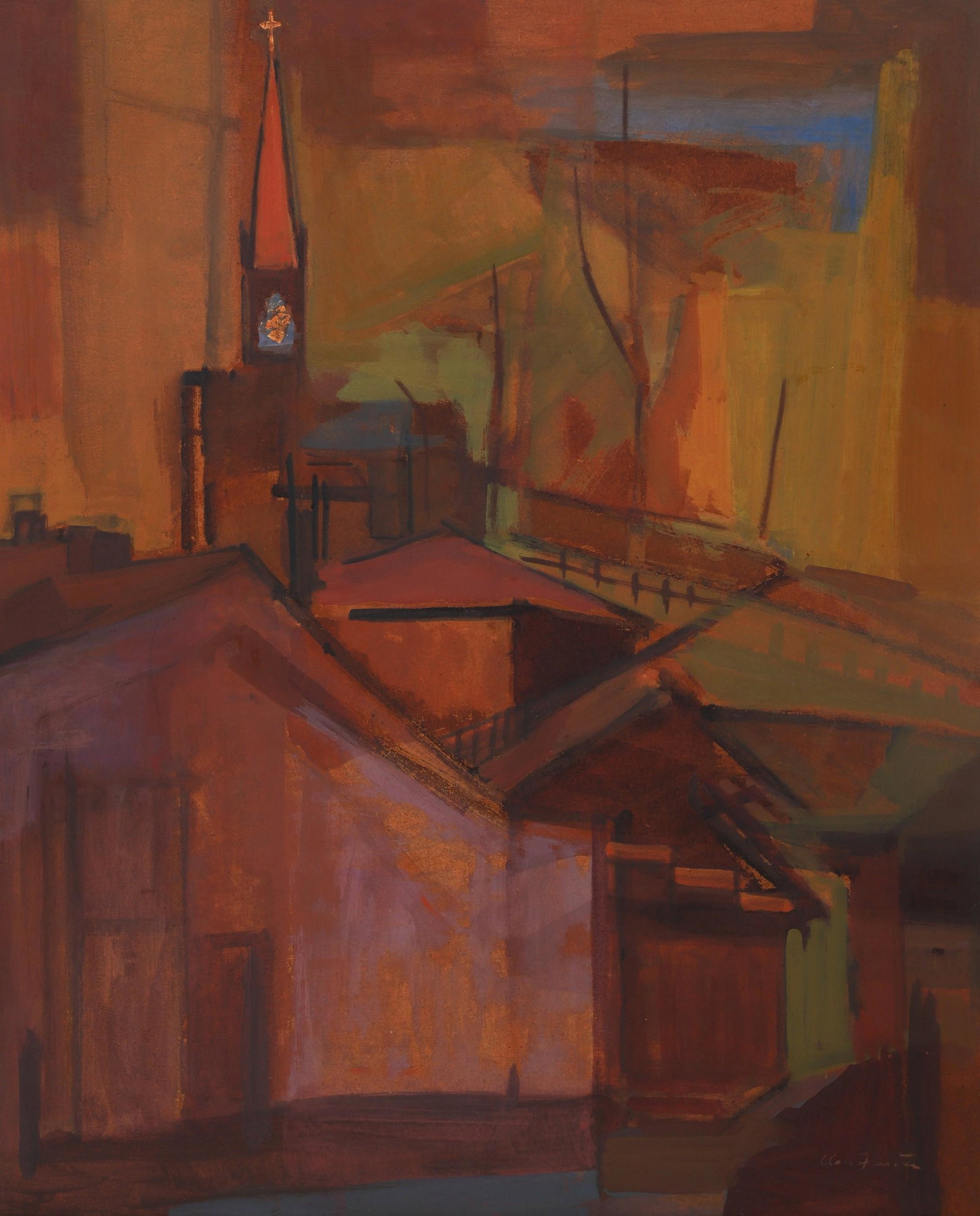 Clare Ferriter Harpers Ferry Cityscape Painting: Care Ferriter (American 1909-1994) Harpers Ferry cityscape painting, mixed media on board, signed Clare Ferriter, 30"x24", framed 37"x31", very good condition