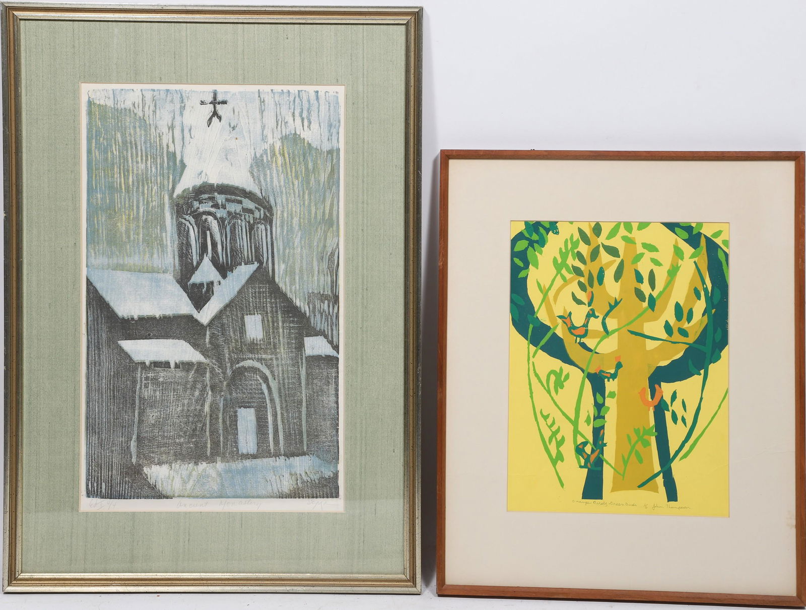 (2) John Thompson and Sema Mellian Prints: (2) John Thompson and Sema Mellian Prints c/o "Ancient Monestary" wood cut signed Sema, 19"x11-1/2" sight, edition 4/4 ; "Orange Birds, Green Birds" silkscreen signed John Thompson, edition 1/6, 12-3/