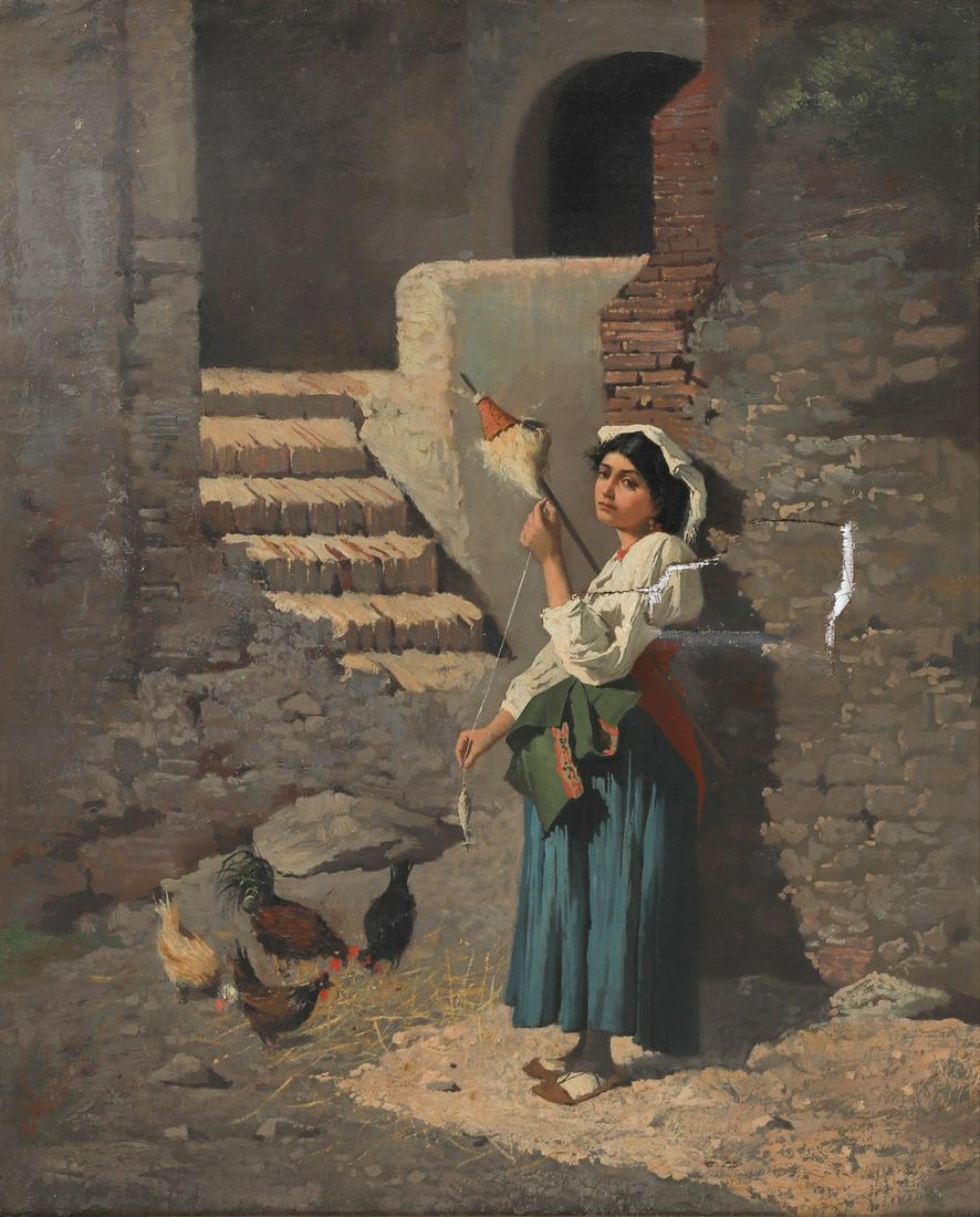 Filippo Indoni Jr. Italian Peasant Girl: Filippo Indoni Jr. (Italian, 1842-1908) Italian Peasant Girl , oil on canvas, signed Indoni, mounted in original gilt wood and gesso frame, 24-1/2"x19-1/2" sight, framed 32"x27", large damage on right