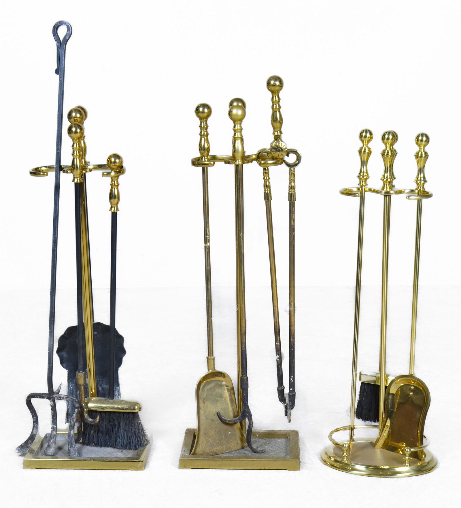 (3) Pairs of brass fireplace tools on stands (1 of 4)