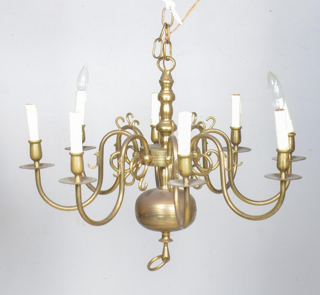 Gilt metal 8 arm hanging light: Gilt metal 8 arm hanging light, 28"h x 25"diameter