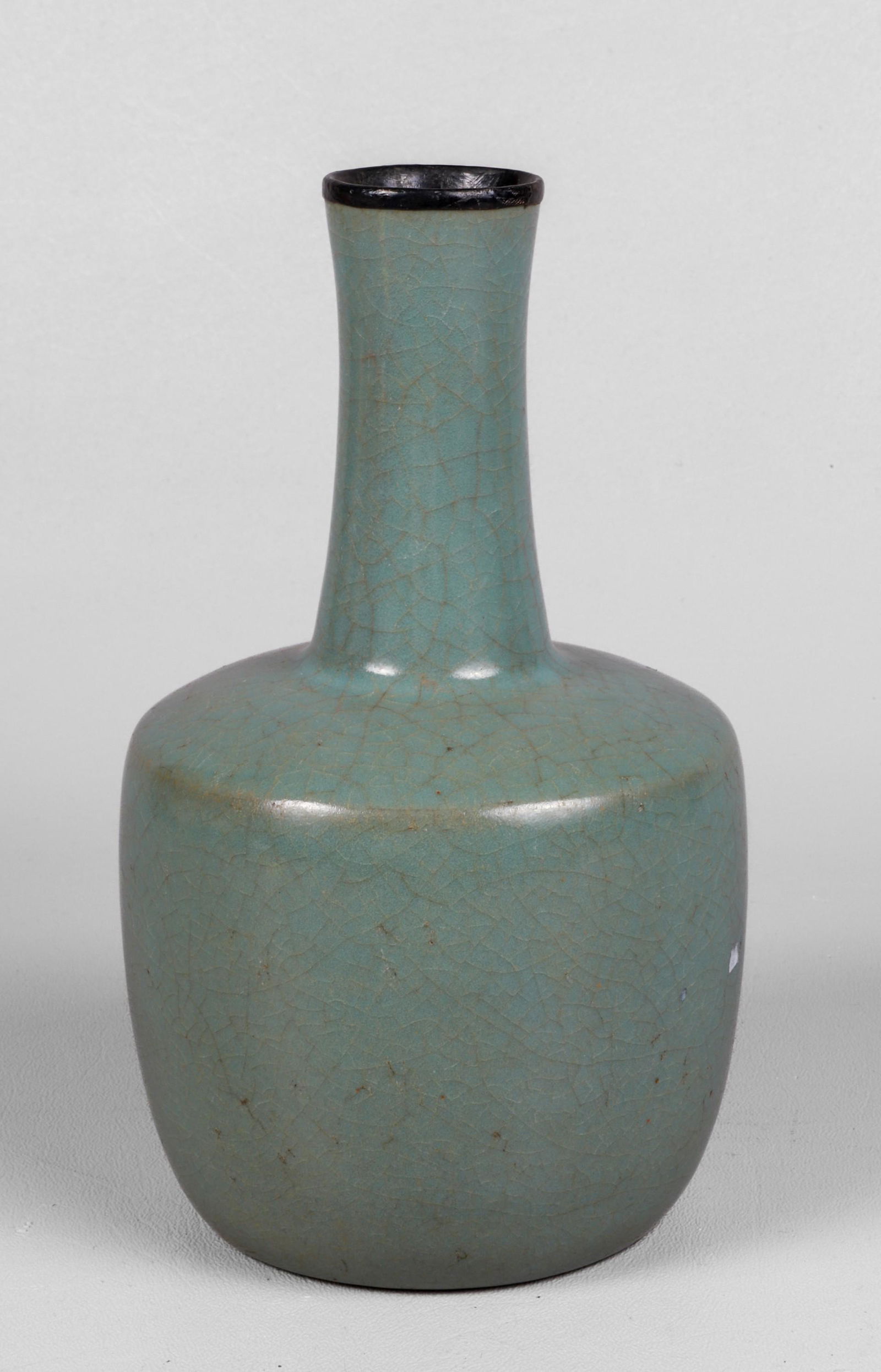 Chinese Celadon Porcelain & Bronze Vase: Chinese celadon porcelain vase with bronze rim, crackle glaze, unmarked, 7-1/2" h