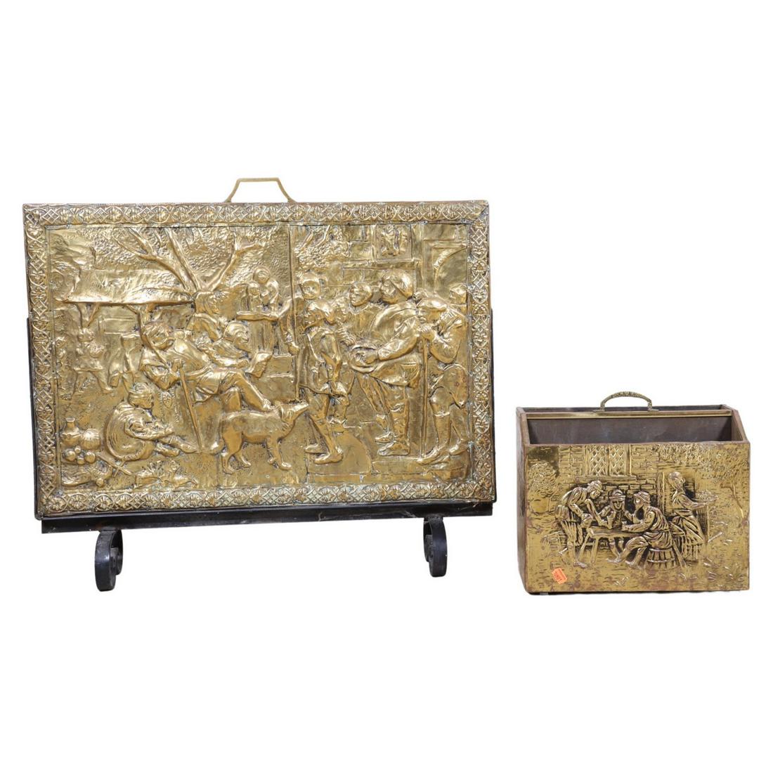 Hammered figural brass firescreen, matching kindling bin (1 of 2)