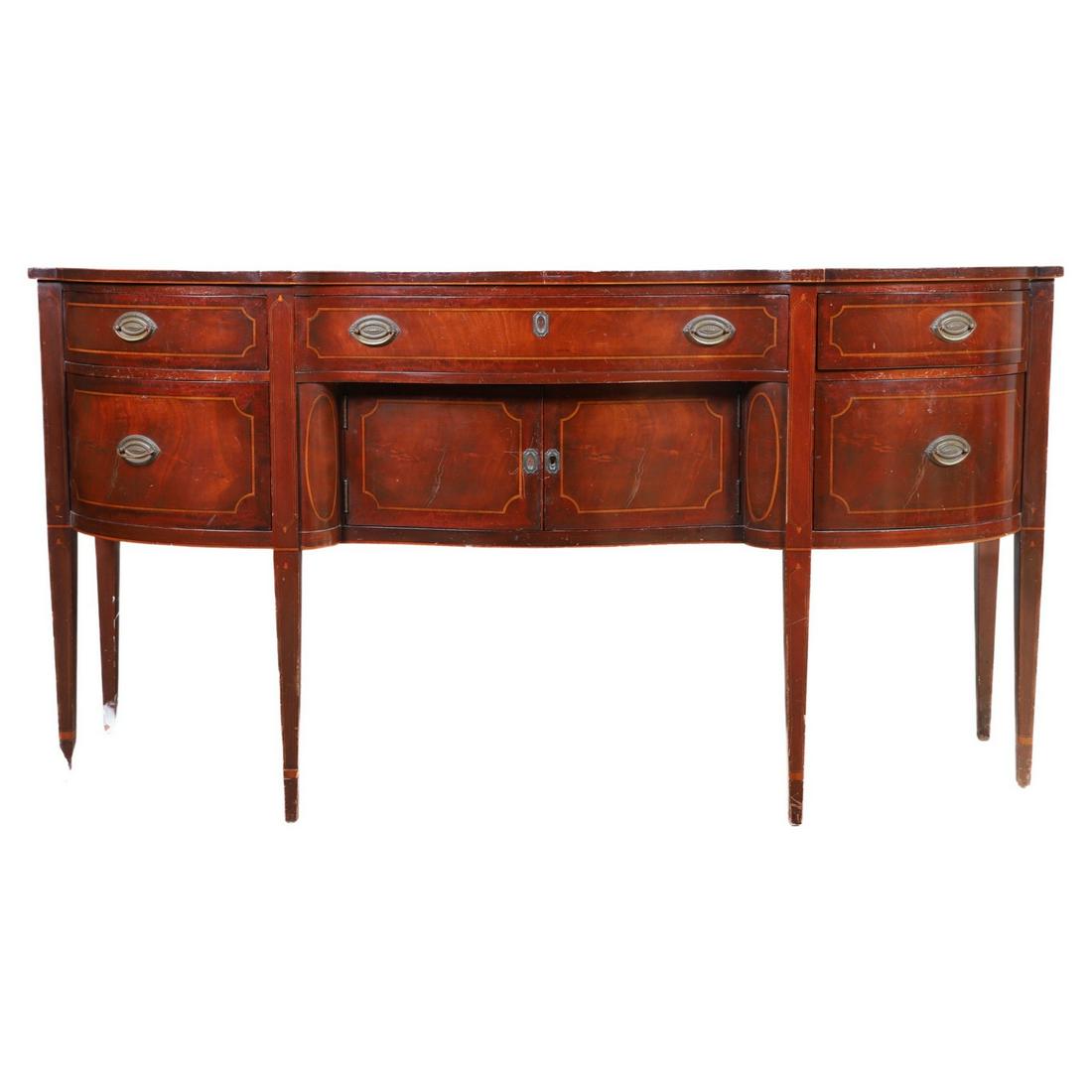 Irwin Hepplewhite style mahogany inlaid serpentine sideboard (1 of 4)