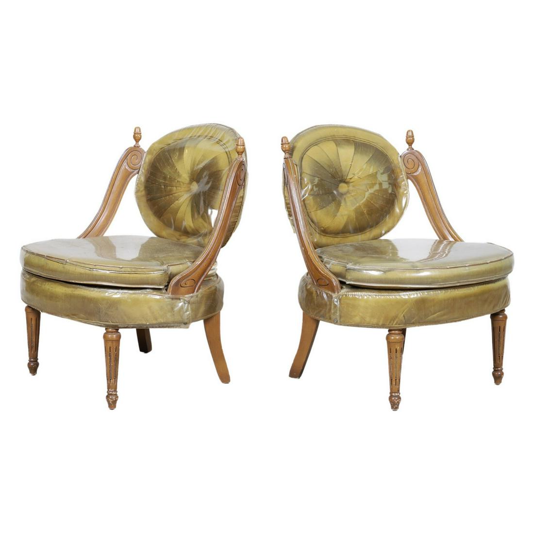Pair Louis XVI style upholstered slipper chairs: Pair Louis XVI style upholstered slipper chairs, green sateen upholstery, carved walnut frame, reeded tapered legs, 30"h x 24"w x 22"d, wear to upholstery