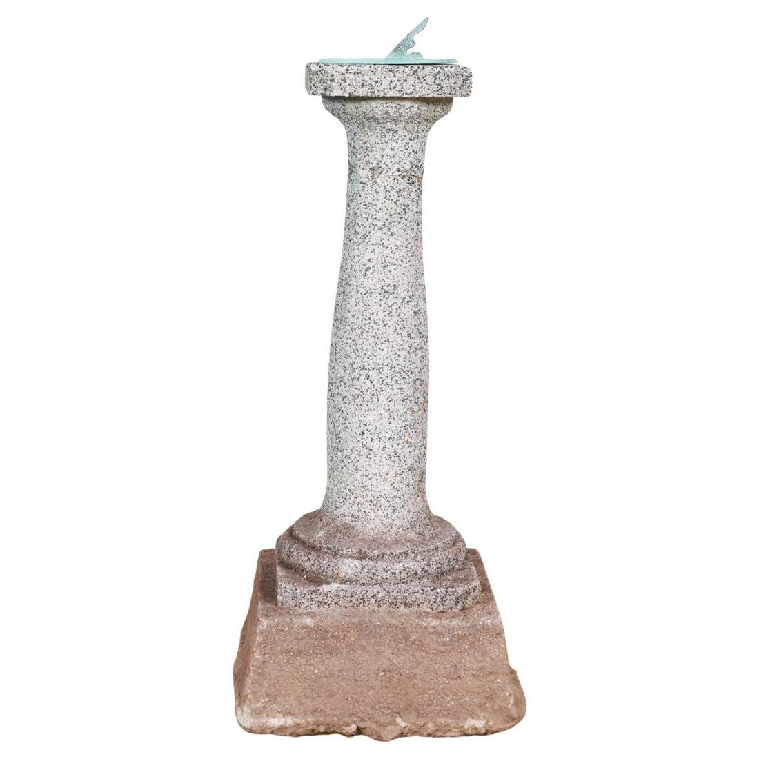 Concrete Tiered Pedestal w/Sundial: Concrete tiered pedestal w/ sundial, 43"h x 11"square top, base 17"square; Sheldrake Builders installed sundials on the properties they developed in Drexel Hill, PA, in the 1920's; this one is circa 1