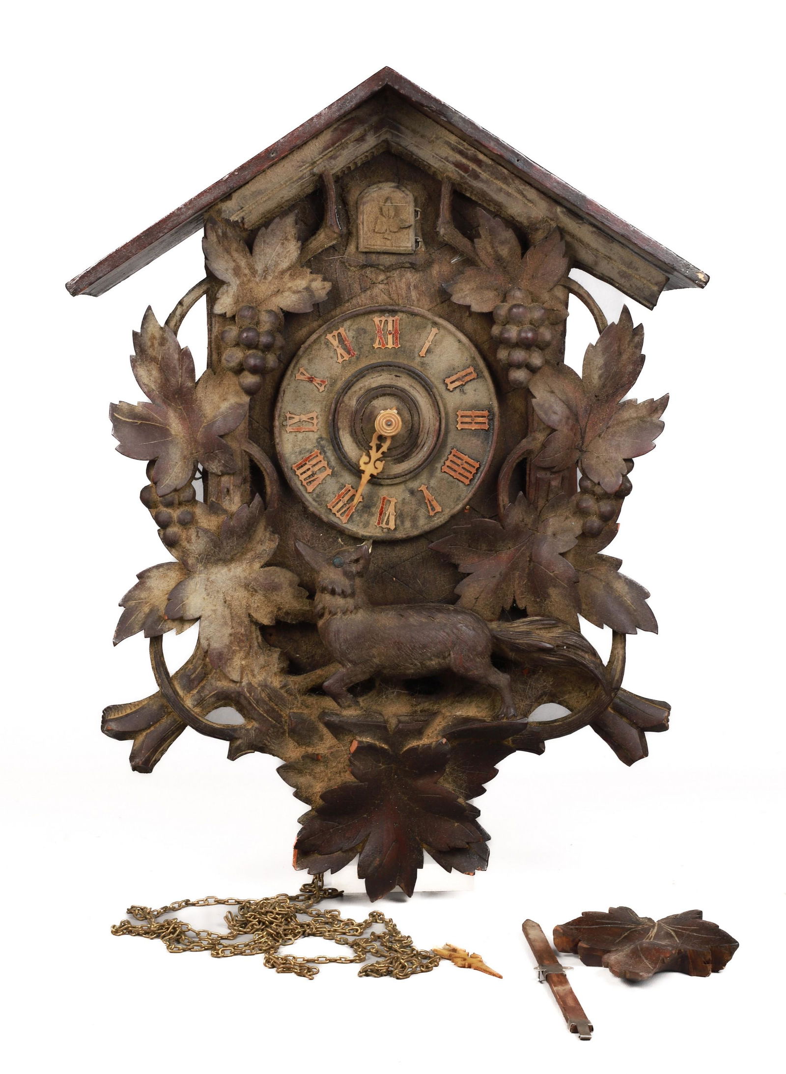 German Cuckoo Clock: German cuckoo clock, 19th C, 18" x 13" x 7", no weights, broken hand & chain