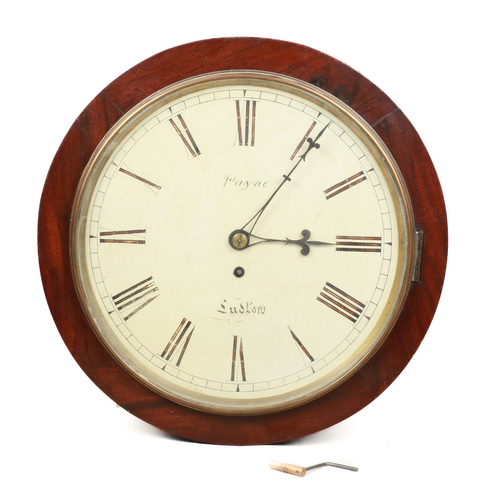 Payne Ludlow Gallery Clock: Payne Ludlow gallery clock, time only fusee movement, 15" dia x 6", side door needs to be reattached
