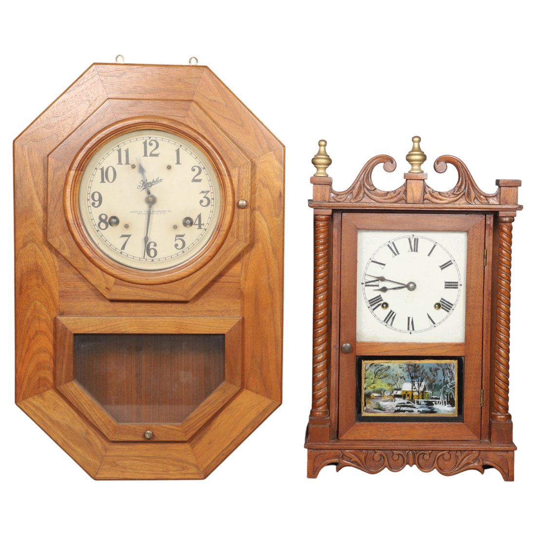 (2) 8-Day Clocks: (2) 8-Day Clocks, c/o Simplex time recorder (24" x 15-1/2" x 5"), pillar & scroll (21" x 12" x 6")
