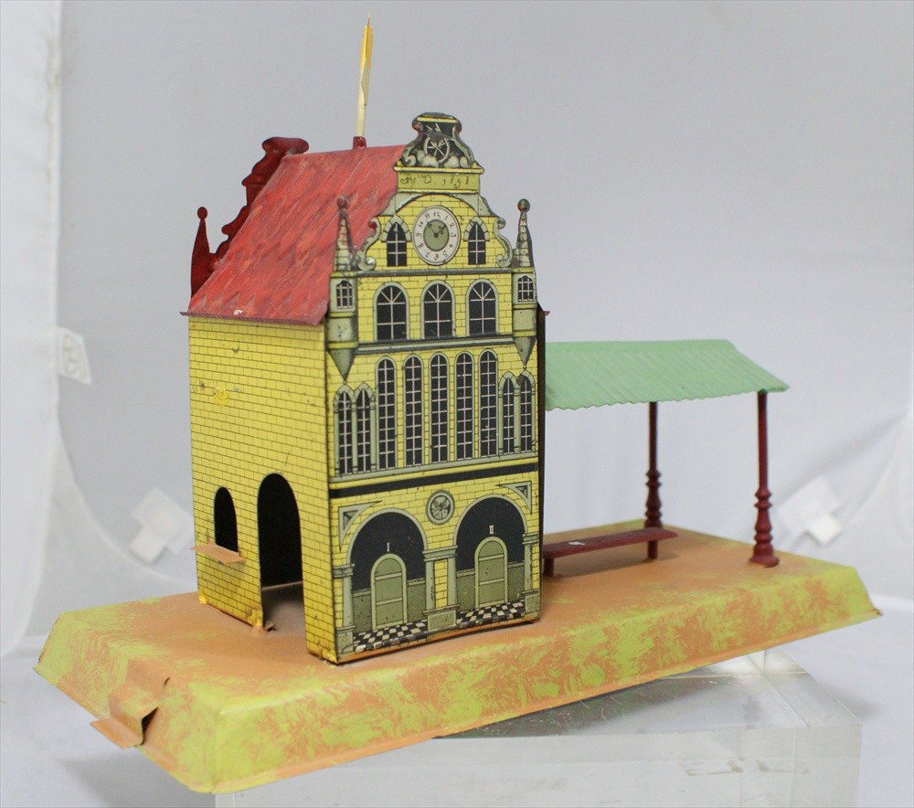 Issmayer Litho Tin Train Station, Roof repainted, : Issmayer Litho Tin Train Station, Roof repainted, 8-1/2" h.