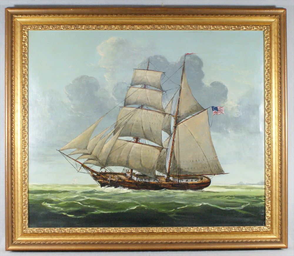 American School, Thirteen Star American Flag Clipp: American School, Thirteen Star American Flag Clipper Ship, O/C. 25 x 30, Unsigned. Two very minor holes.