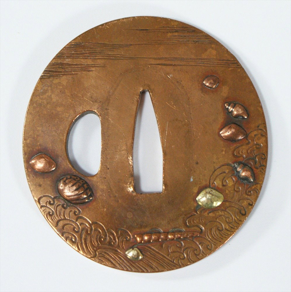Tsuba, Edo Period, Brass, 2-7/8" x 2-1/2".: Tsuba, Edo Period, Brass, 2-7/8" x 2-1/2".