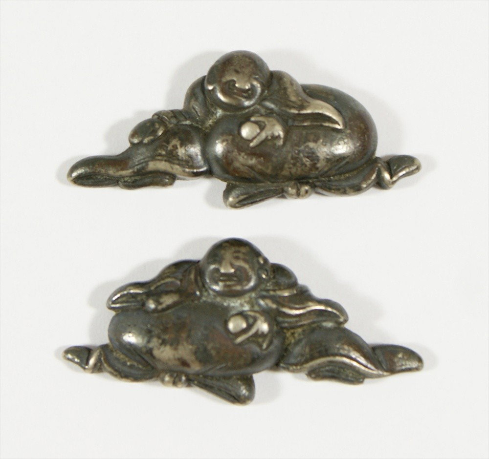 Japanese Menuki, sword fittngs, Edo period, Silv: Japanese Menuki, sword fittings, Edo period, Silver Relining Buddha.
