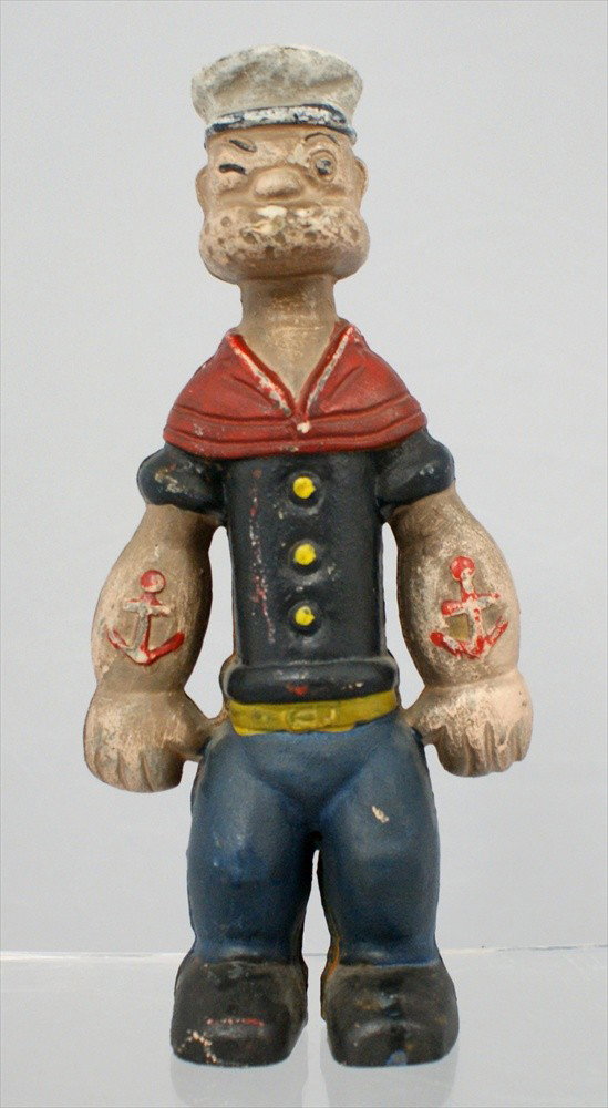 Cast Iron Popeye Bank, Reproduction, 9" h.: Cast Iron Popeye Bank, Reproduction, 9" h.