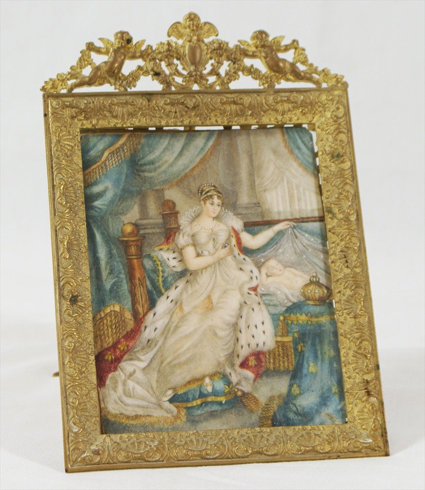 Ch Roze, hp portrait/ivory of Empress Marie-Louise: Ch Roze, hand painted portrait on ivory of Empress Marie-Louise & the King of Rome, Napoleon's golden bees on the tablecloth, 5-3/4" x 4-1/4", ornate brass frame.