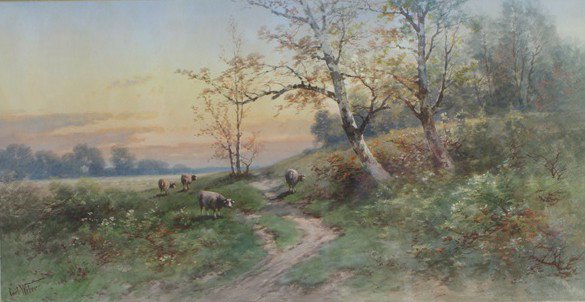 Carl Philip Weber, 1850-1921, American, PA, w/c, : Carl Philip Weber, 1850-1921, American, PA, w/c, Sheep at Sunset in Birch Trees, 13 1/2" x 26 1/2"