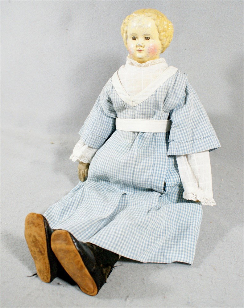 Superior Doll, Germany, C 1870, papier mache shoul: Superior Doll, Germany, C 1870, papier mache shoulder head, M & S Superior 2015 label, molded blonde curly hair, molded painted features with blue eyes, original homemade cloth body, original handmade